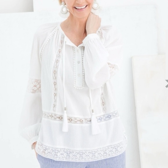 Chico’s Lace Trim Peasant Top women’s 2 size 12 14 long sleeve summer blouse - Picture 1 of 9